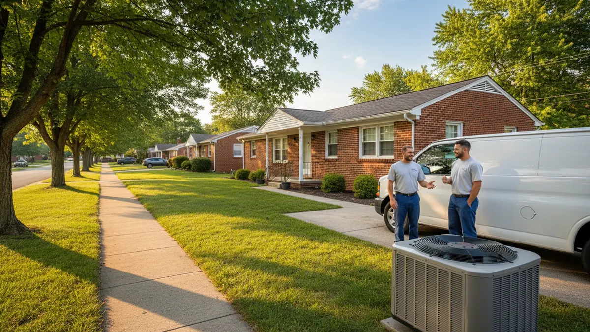 Two technicians beside a service van in the driveway of a brick ranch house