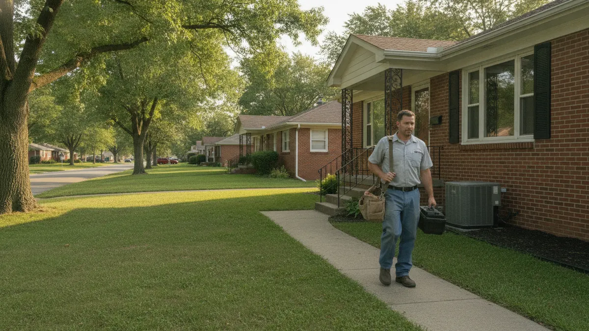 Technician walking up to a brick ranch house in the Hanover, PA area