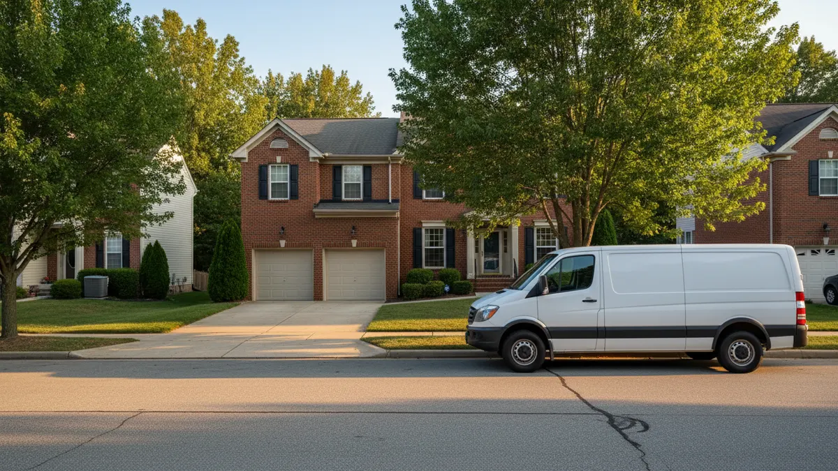 Service van parked on a street of two-story colonials near Hanover, PA