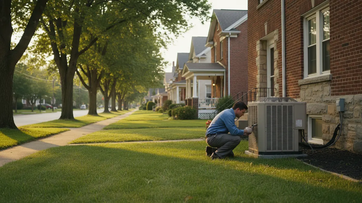 Technician checking an outdoor air conditioner beside a brick two-story home