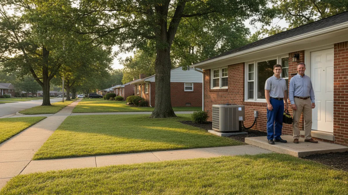 Homeowner greeting a technician at the door of a brick ranch house