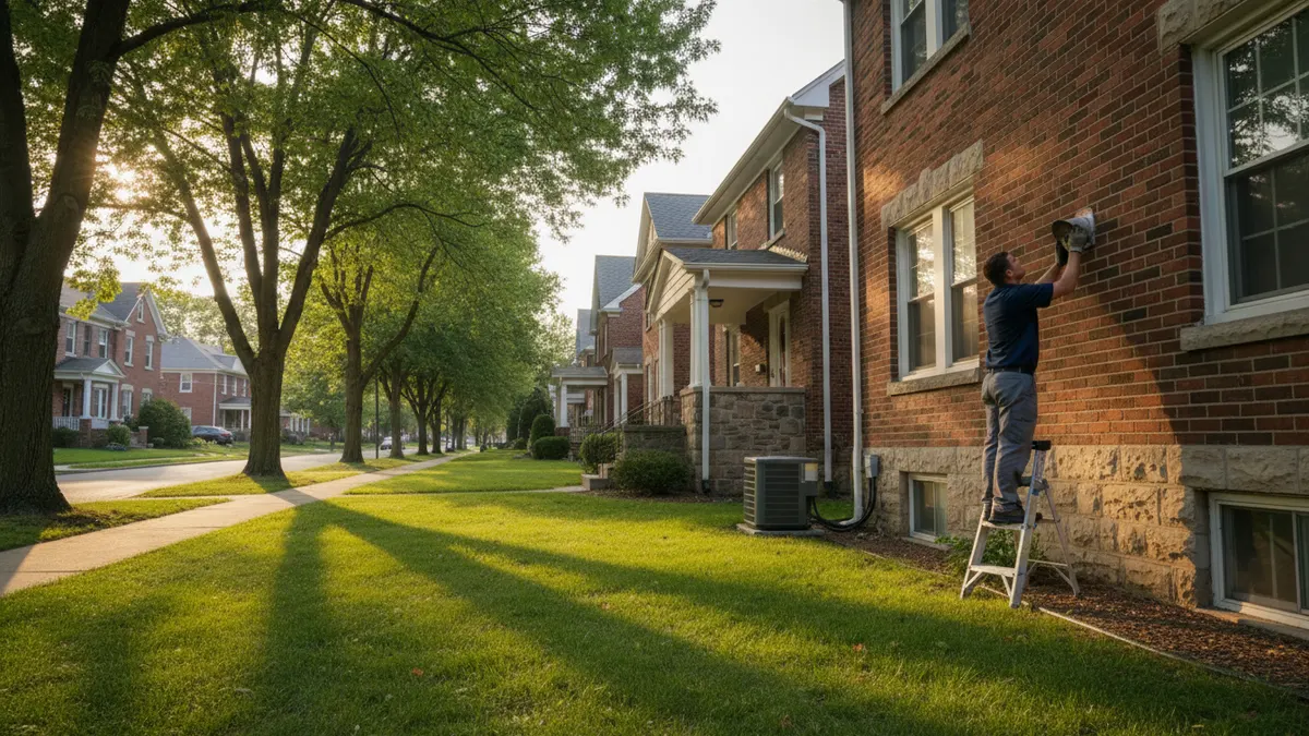 Technician checking the furnace vent on the side of a brick two-story home