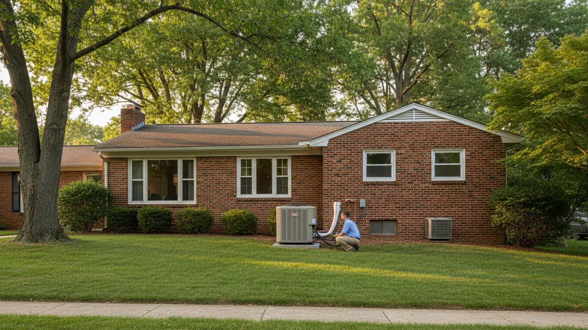 Central air condenser beside a brick ranch house