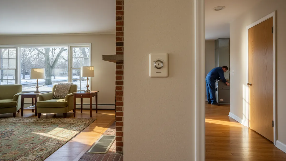 Wall thermostat in a brick ranch living room beside a supply register
