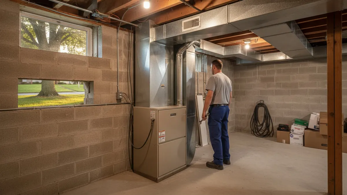 Gas furnace in a basement utility area beside exposed ductwork
