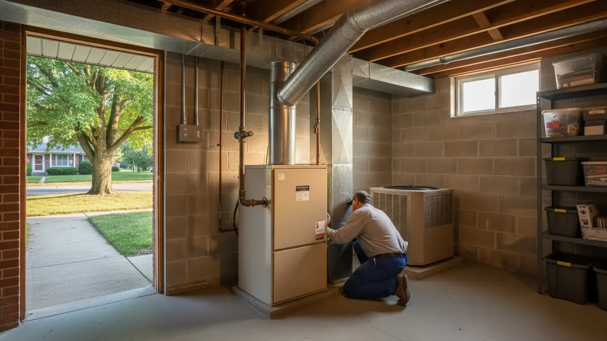 Furnace installation in a finished basement beside existing ductwork
