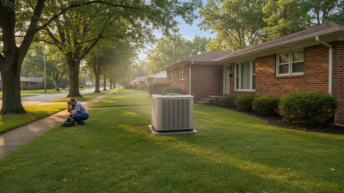 Central air condenser beside a brick ranch house on a humid summer day