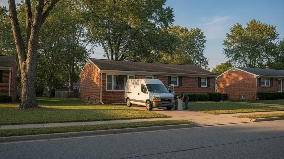 Unmarked service van in the driveway of a brick ranch house