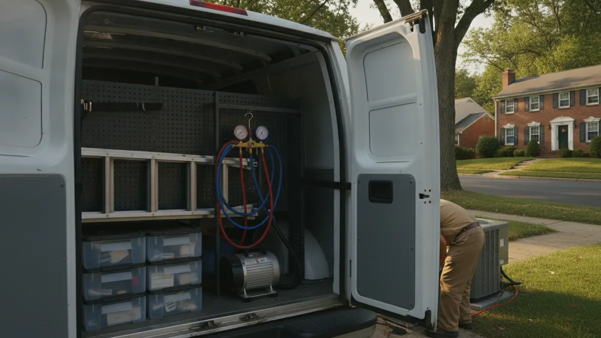 HVAC tools and parts bins organized inside an open service van