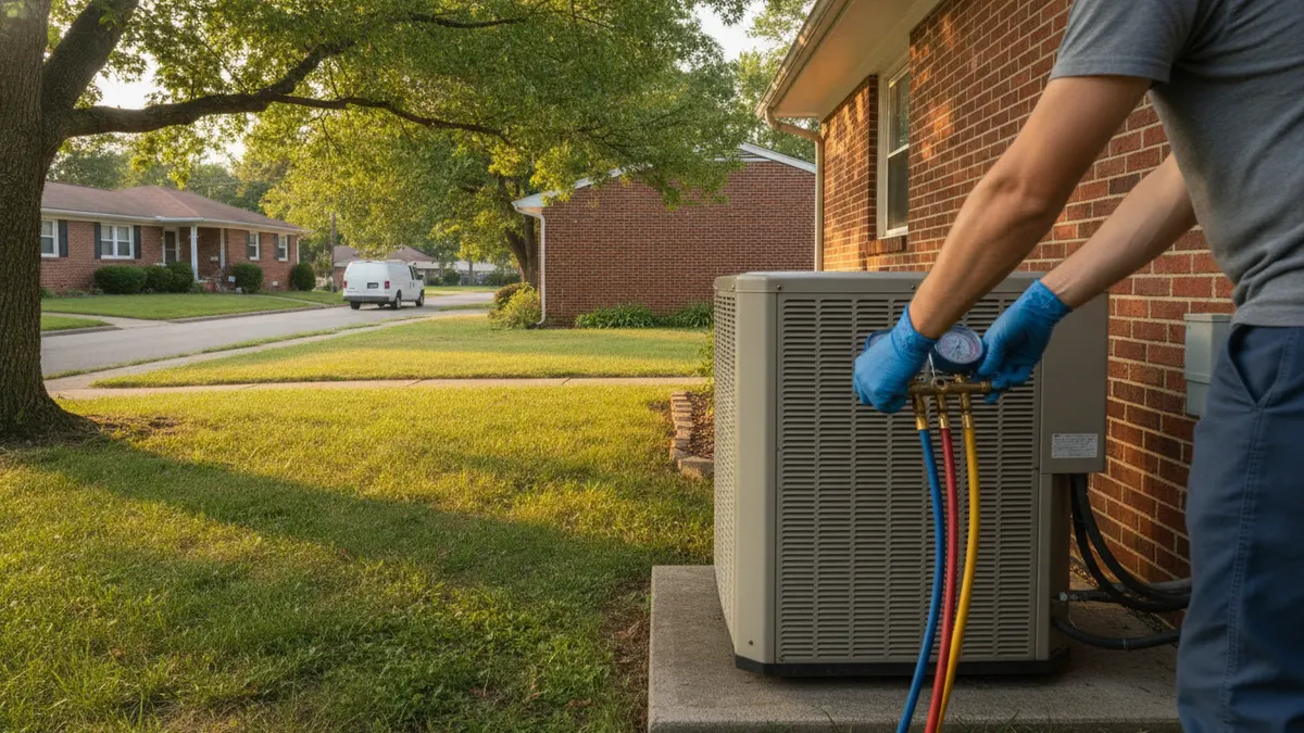 Gloved hands connecting refrigerant gauges to an outdoor air conditioner
