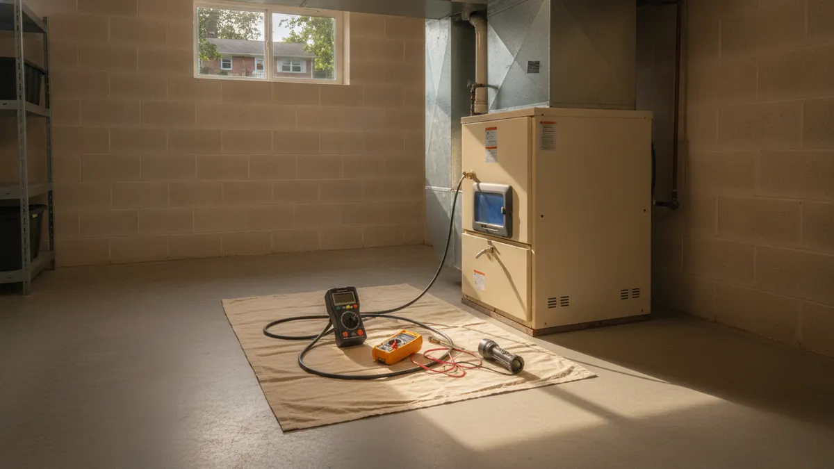 Diagnostic tools laid out on a drop cloth beside a gas furnace