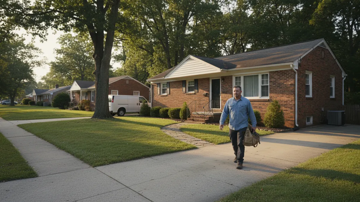 Technician arriving at a brick ranch house in the Hanover, PA area