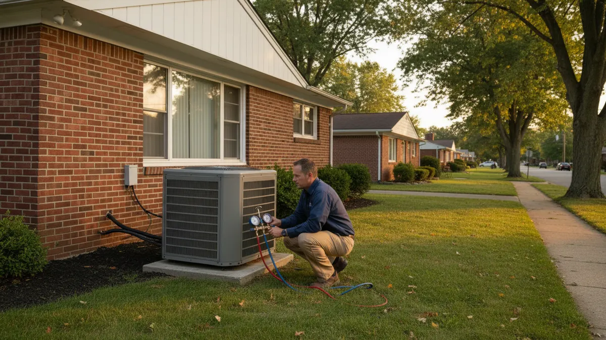 Technician testing an outdoor air conditioner with refrigerant gauges
