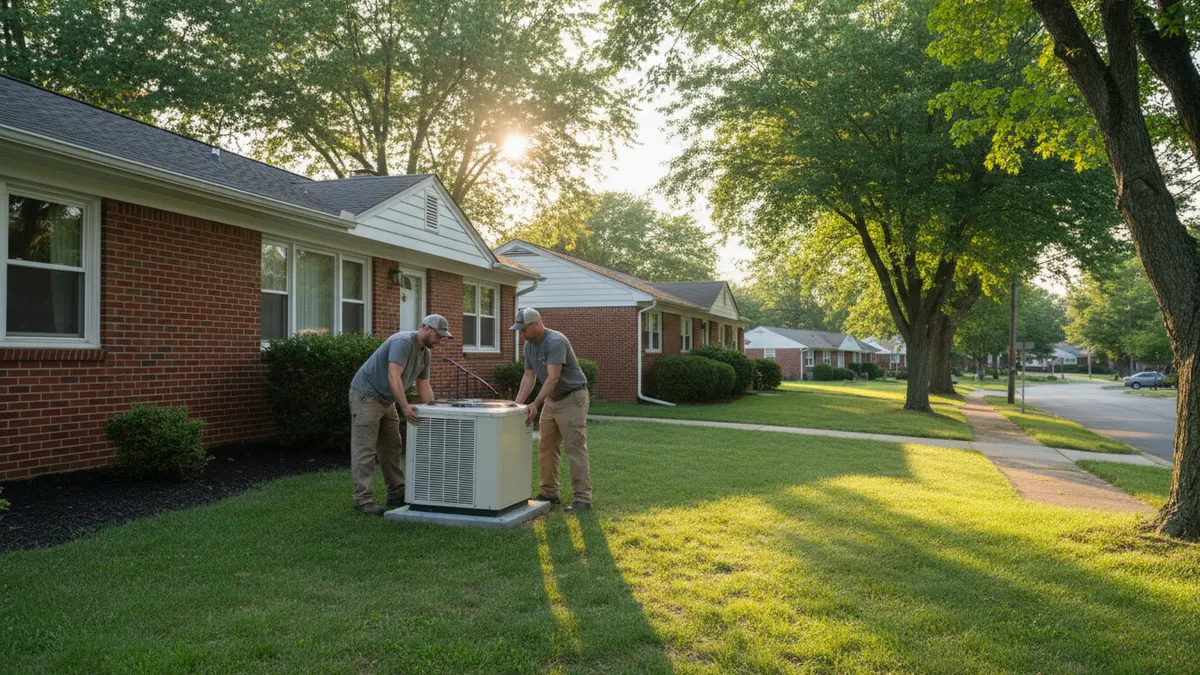 Technicians setting a new air conditioner beside a brick ranch house