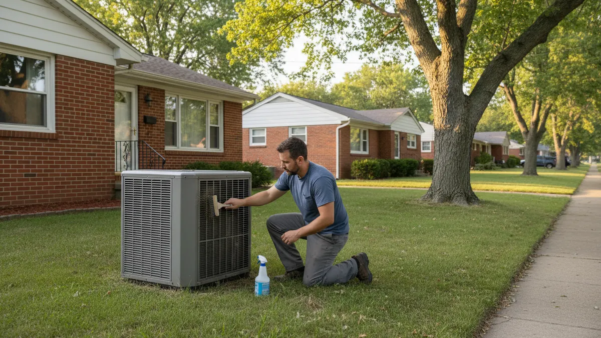 Technician cleaning an outdoor air conditioner coil during a tune-up