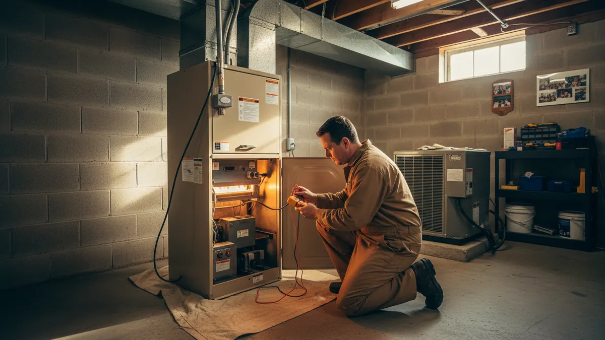 Technician repairing a gas furnace in a basement utility room