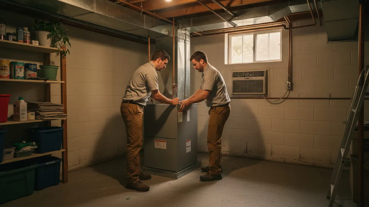 Technicians installing a new gas furnace in a basement utility room