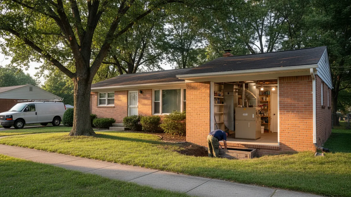 Brick ranch house with the gas furnace installation before service