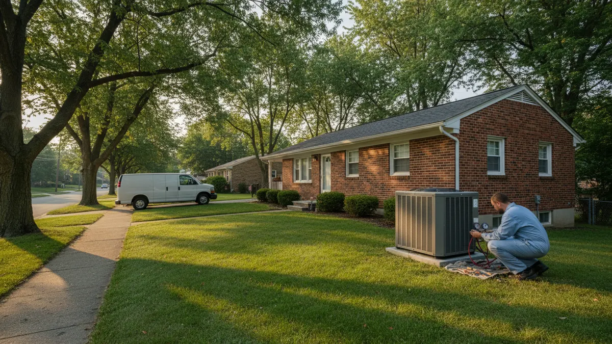 Brick rancher and central air conditioner before the repair