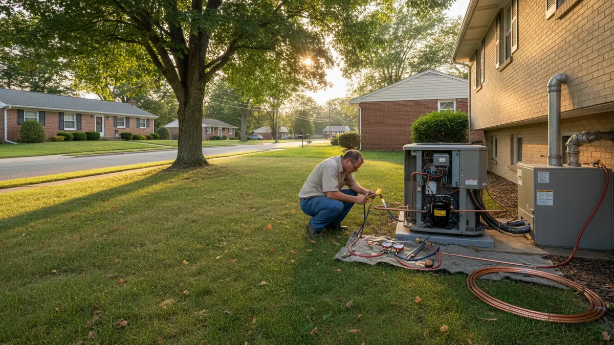 Line set repair in progress beside the outdoor equipment