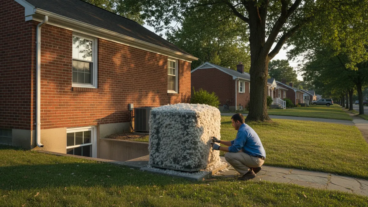 Cottonwood fluff covering the outdoor condenser coil