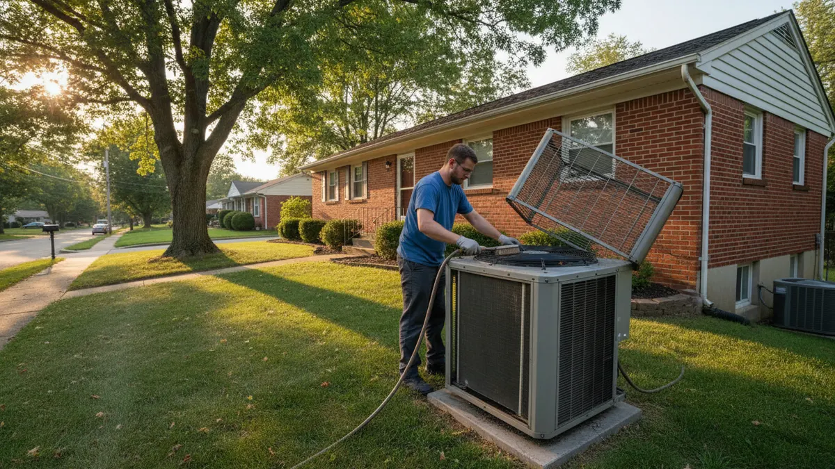 Condenser coil being cleared of seasonal cottonwood buildup