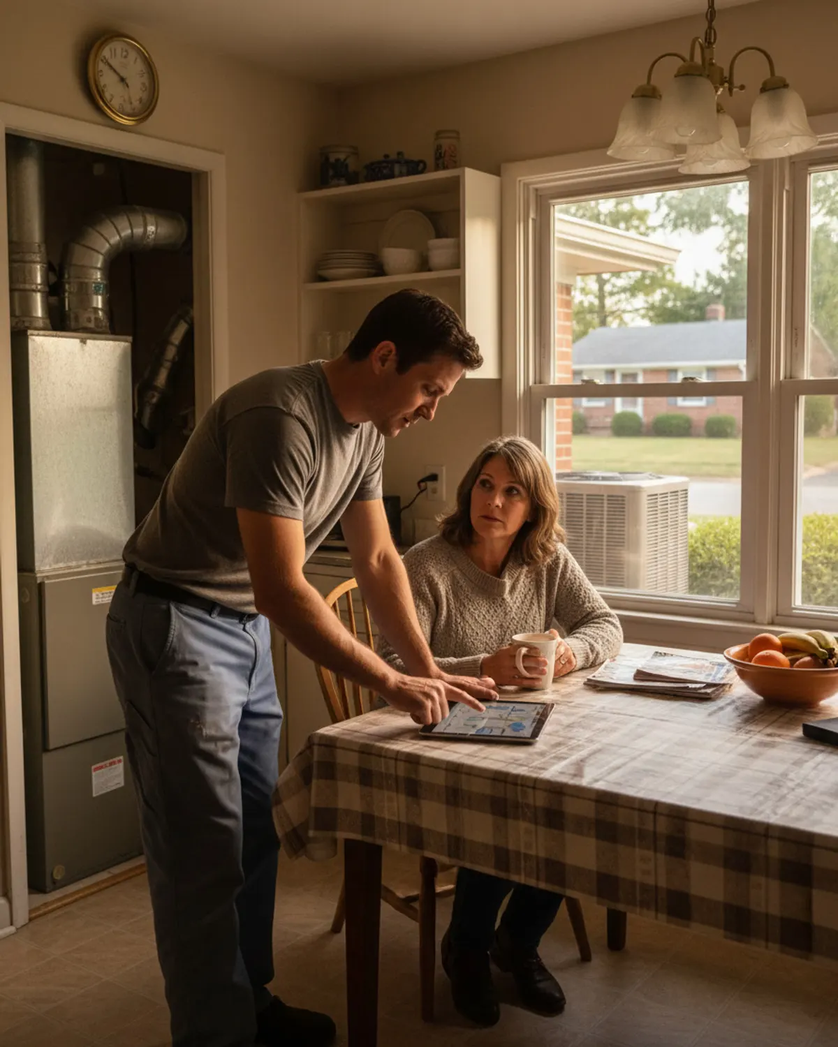 Technician going over findings with a homeowner at a kitchen table