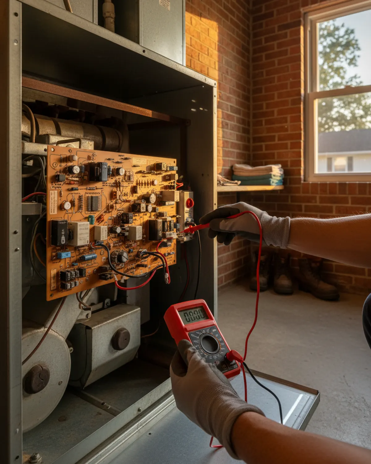Close-up of a furnace control board being tested with a meter