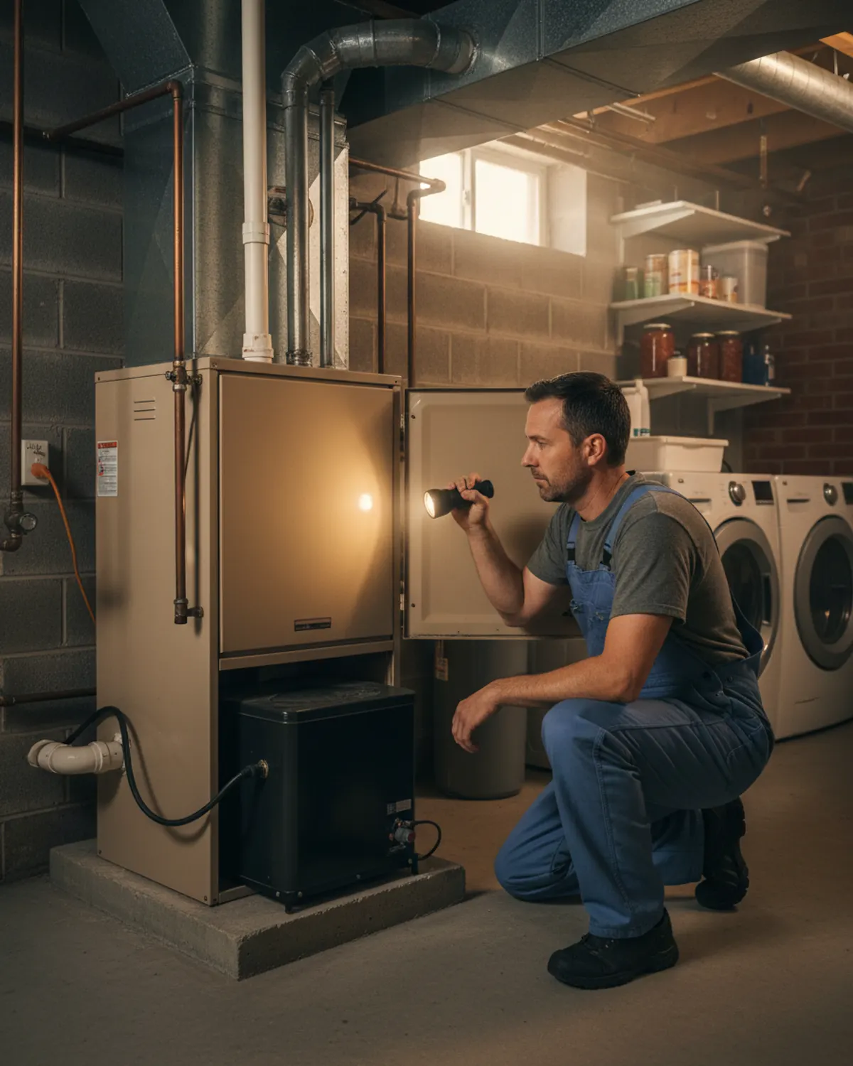 Technician inspecting a furnace in a basement utility room with a flashlight