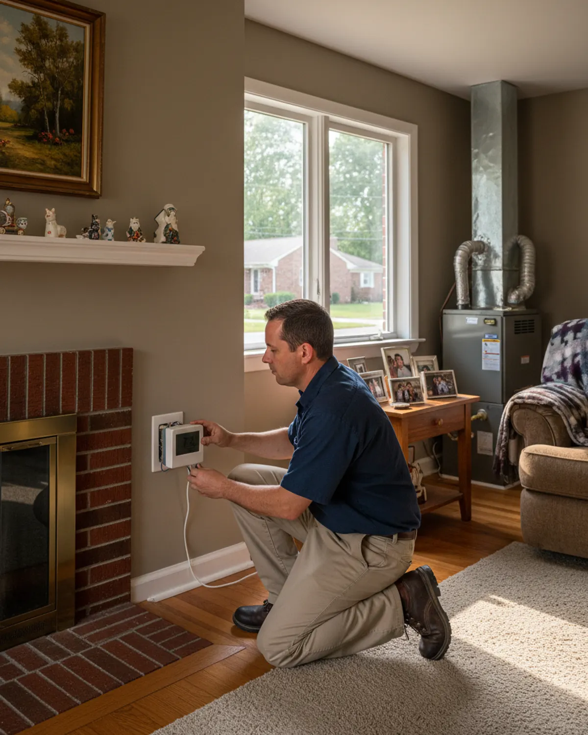 Technician adjusting a wall thermostat in a living room
